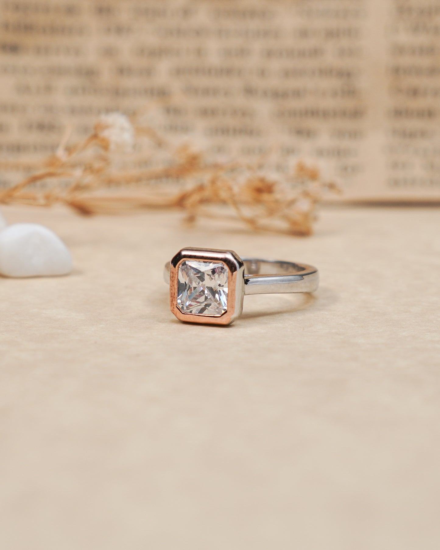 Silver Rose Gold Border Zircon Ring