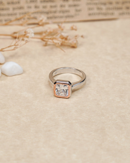 Silver Rose Gold Border Zircon Ring