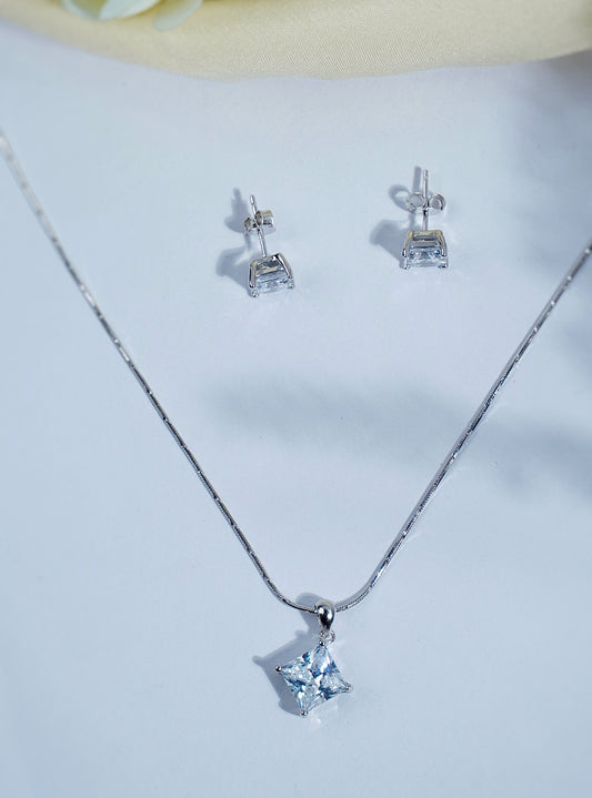 Pure Silver Iridescent Aura Square Pendant Earring Set