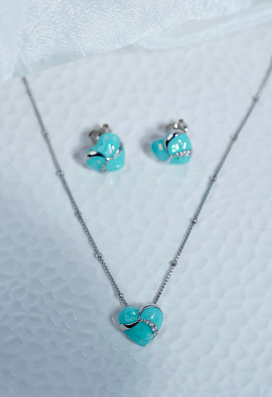 Pure Silver Light Blue Heart Pendant Earring Set