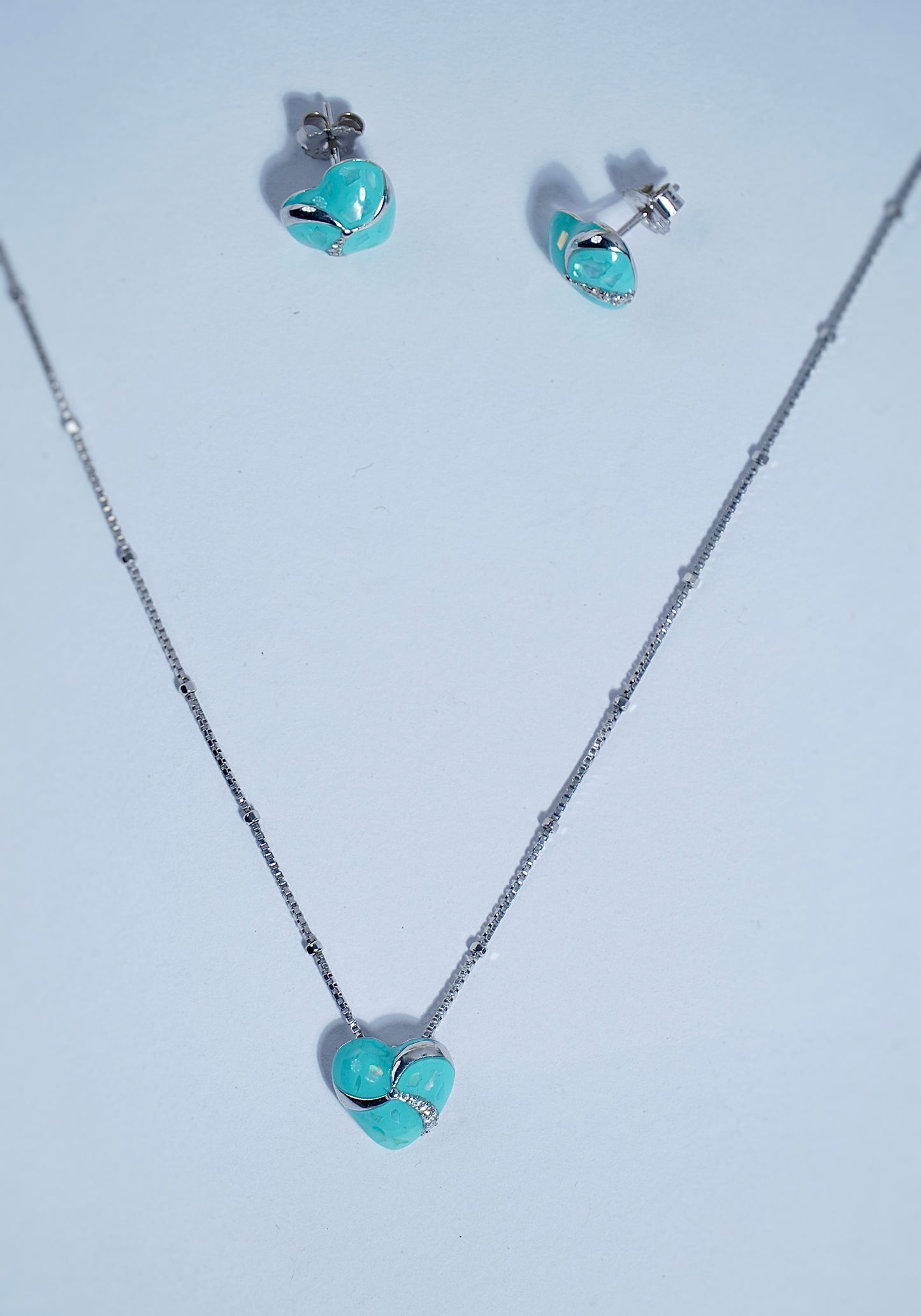 Pure Silver Light Blue Heart Pendant Earring Set