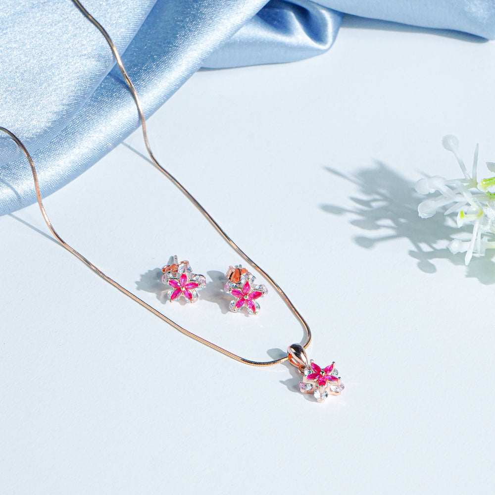 Pure Silver Pink Flower Set