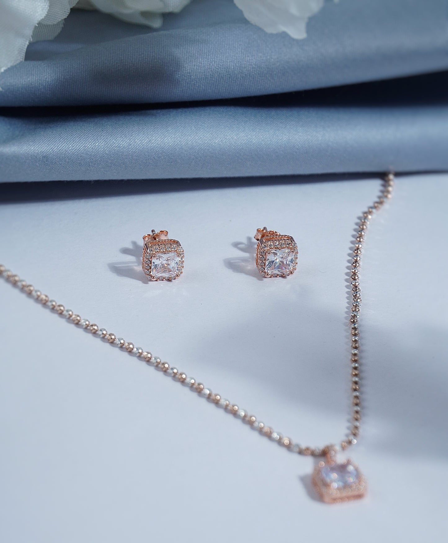 Pure Silver Radiant Rose Mirage Pendant Earring Set