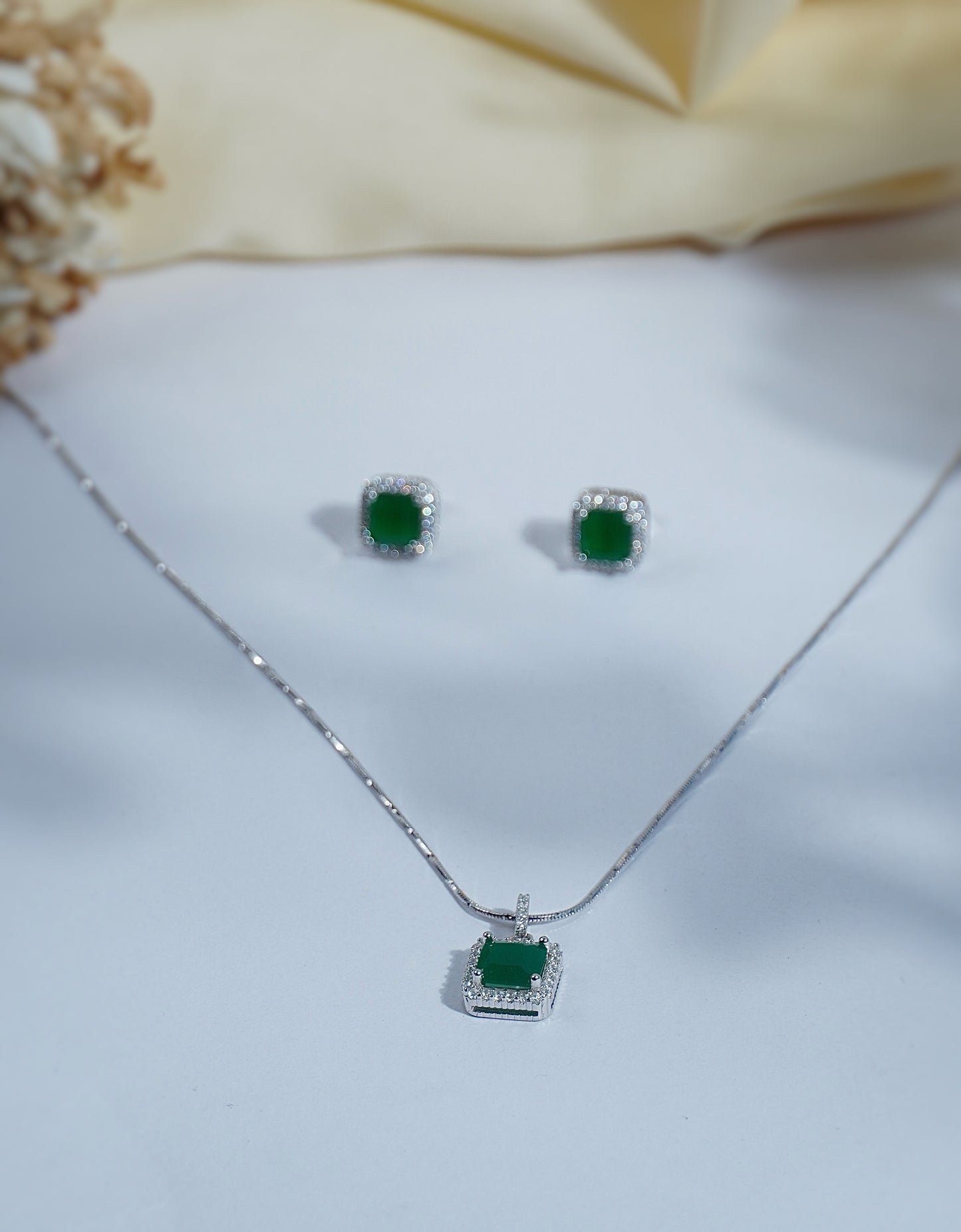 Pure Silver Green Emerald Set