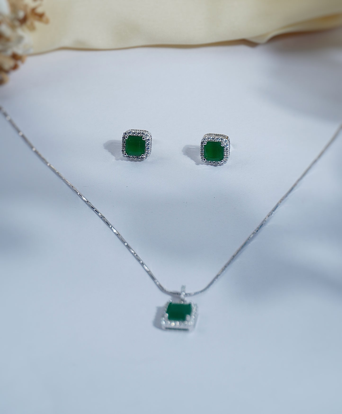 Pure Silver Green Emerald Set