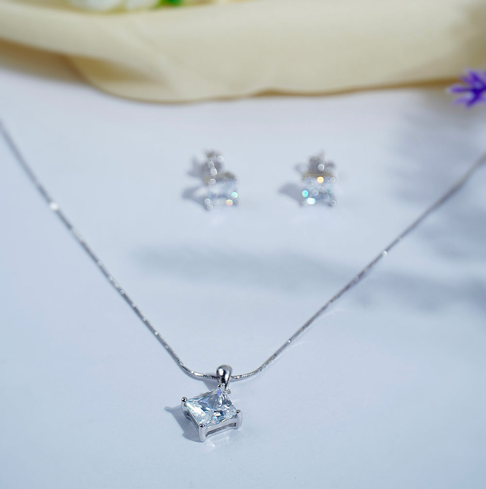 Pure Silver Iridescent Aura Square Pendant Earring Set