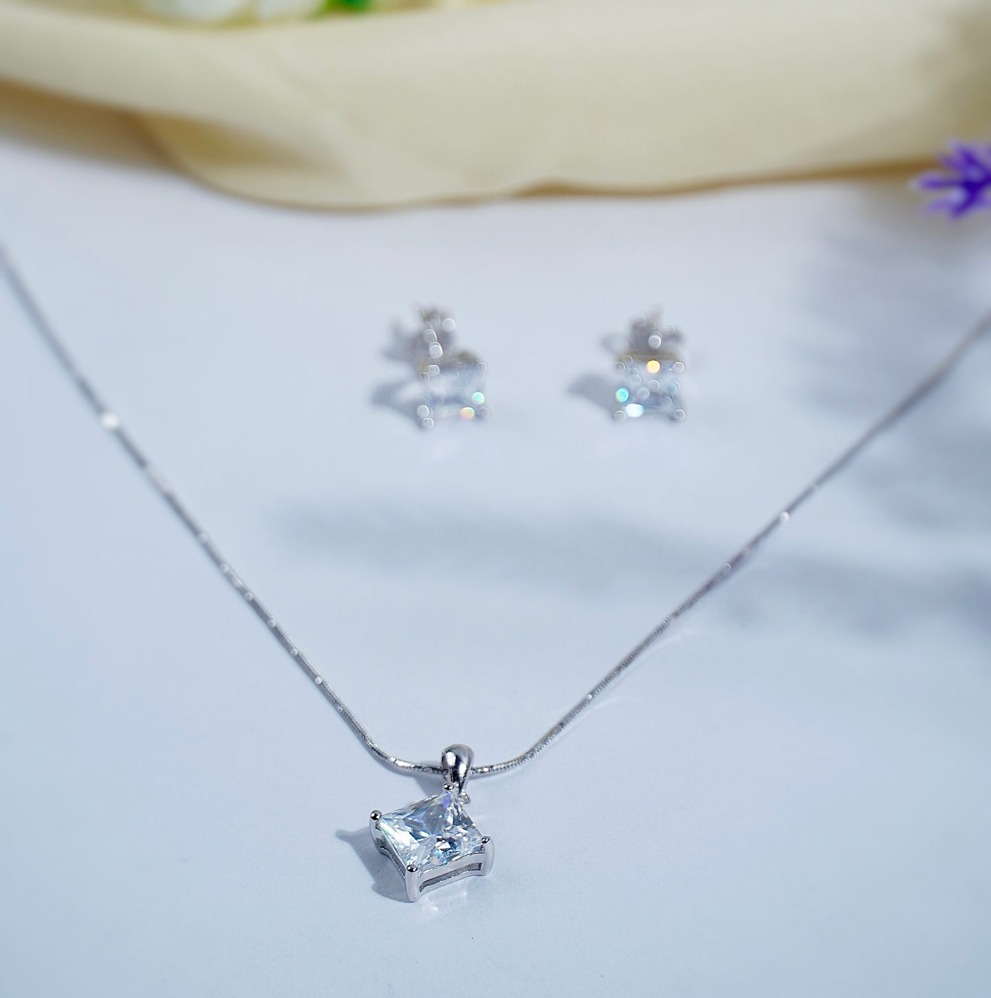 Pure Silver Iridescent Aura Square Pendant Earring Set