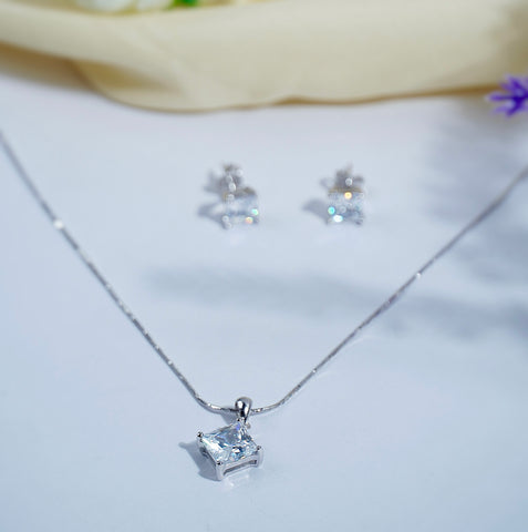 Pure Silver Iridescent Aura Square Pendant Earring Set