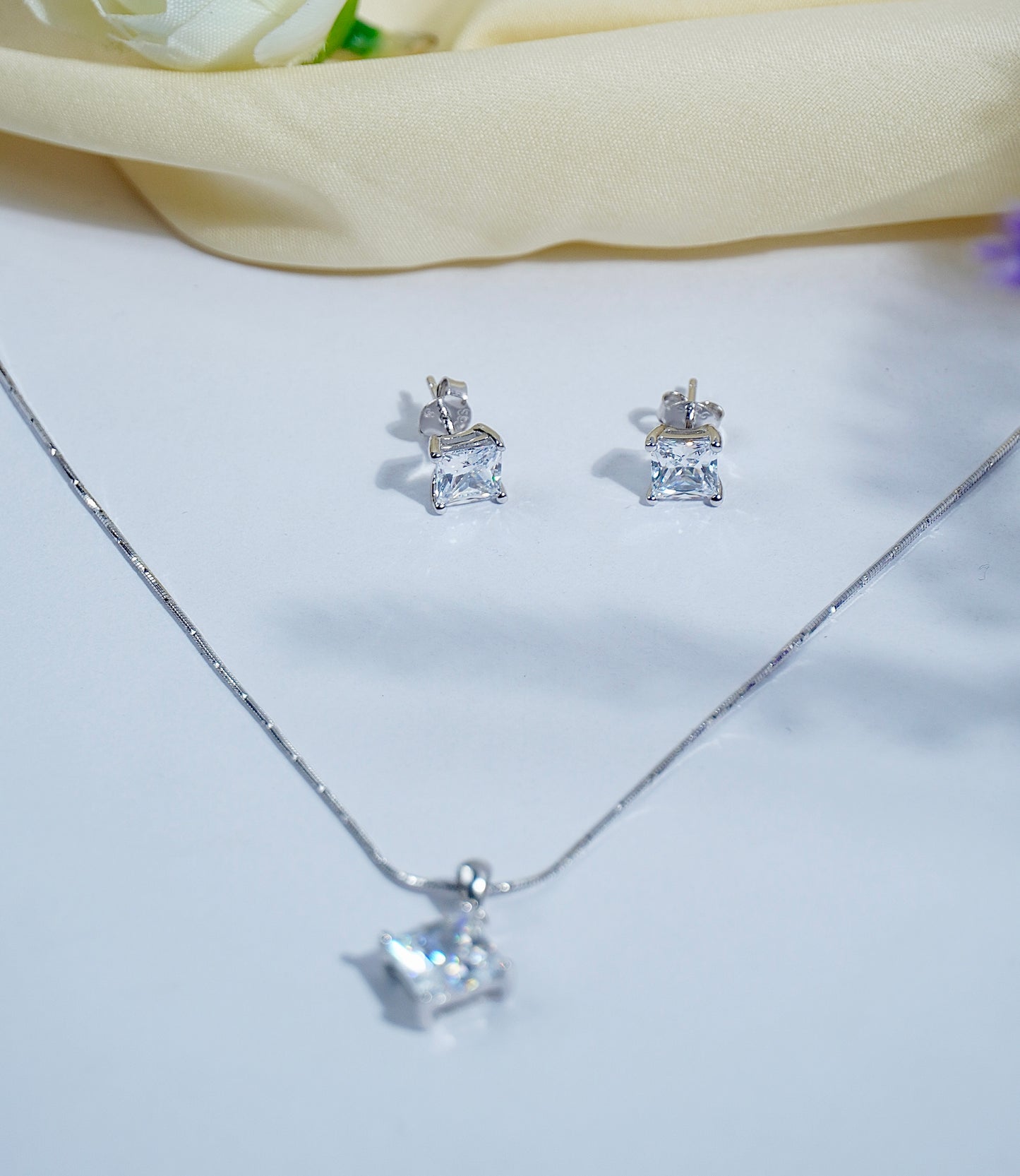 Pure Silver Iridescent Aura Square Pendant Earring Set