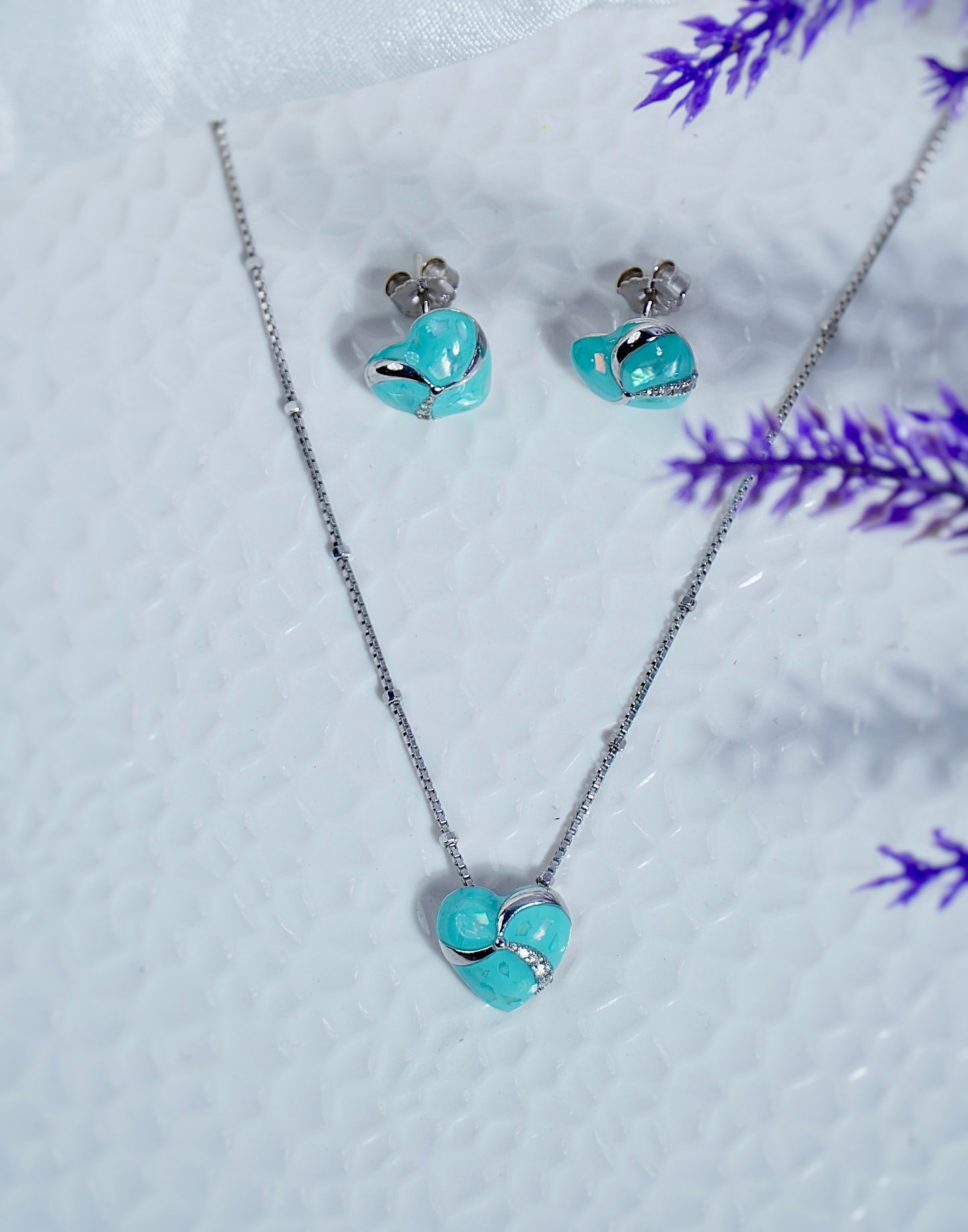 Pure Silver Light Blue Heart Pendant Earring Set