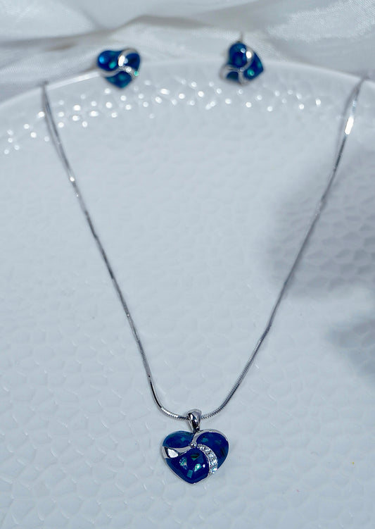 Pure Silver Blue Stone Heart Set